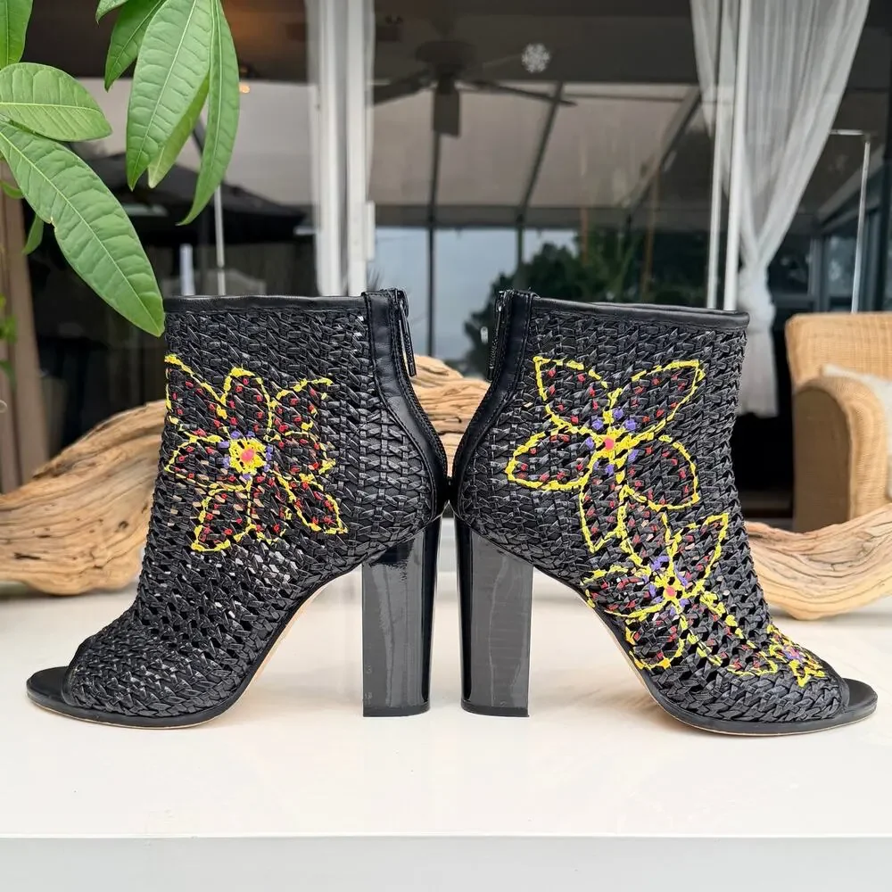 CALVIN KLEIN Custom Hand Painted Floral Woven Booties Heels Size 7